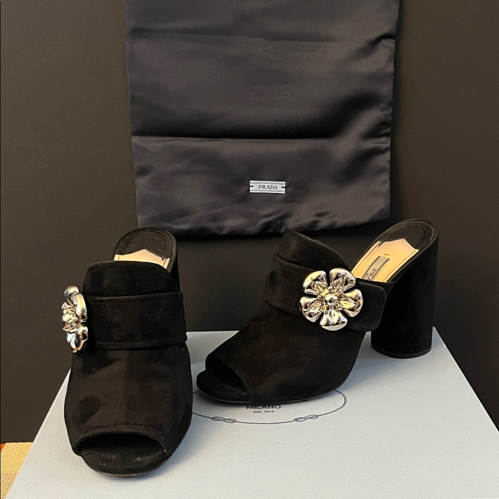 Prada Silver Flower Peep Toe Mule Slip-On Heel | Black Suede | Size 36.5